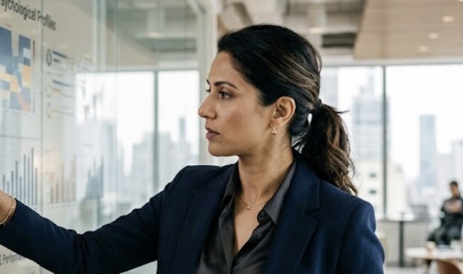 A behavioral strategy consultant analyzes real estate performance and psychological profile data