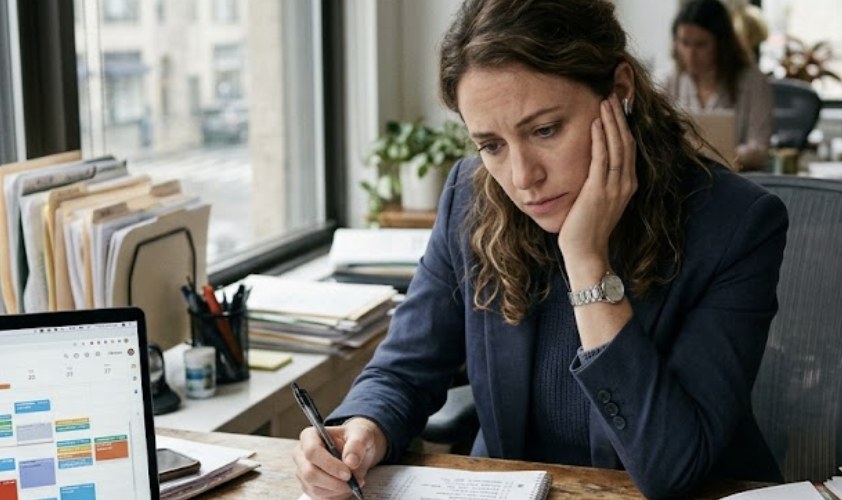 A real estate agent stares overwhelmed at a detailed action plan, pen paused, unable to start
