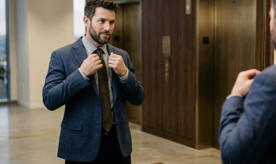A confident real estate professional squares their shoulders in a mirror before walking into a big moment